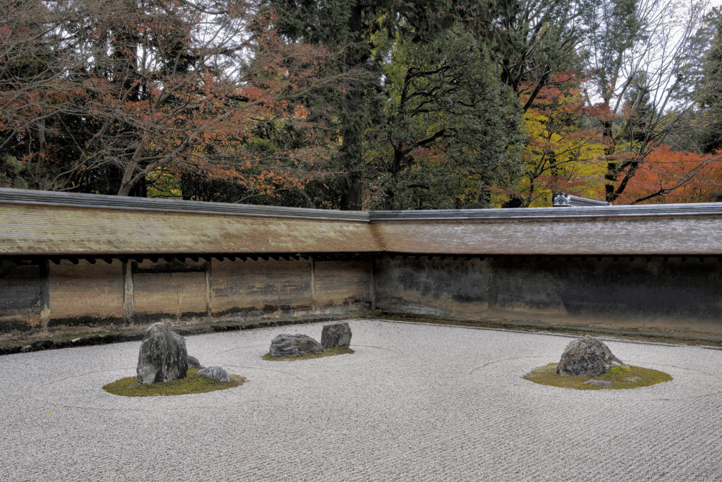 Ryōan-ji Zen rock garden in Kyoto with raked gravel and moss-covered stones